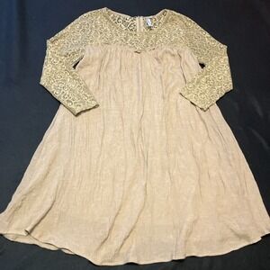 Andree by Unit Tan Lace Yoke Long Sleeve Babydoll Mini Dress Small Boho
